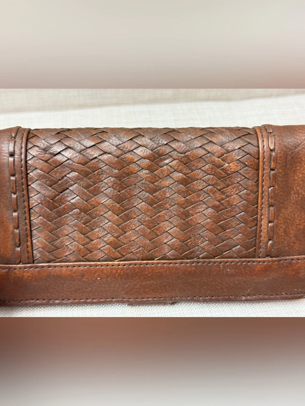 Cleo + Wolf Brown Leather Basketweave Long Bifold Wallet